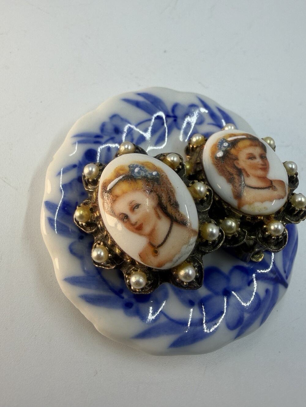 Vintage Limoges Cameo Clip On Earrings, Pearl Accents, 1940s Victorian Revival